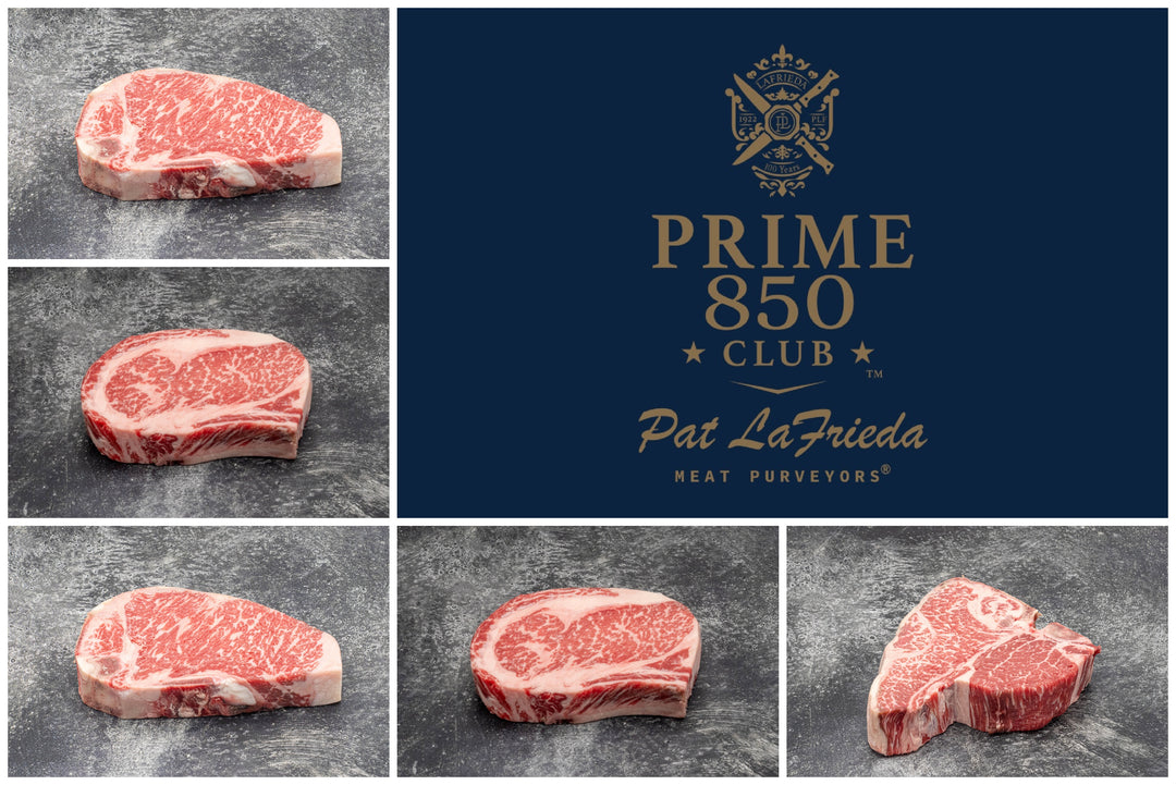 Pat LaFrieda Prime 850 Club Collection featuring five premium dry-aged steaks including NY strip, ribeye, porterhouse, and T-bone on a stone surface.