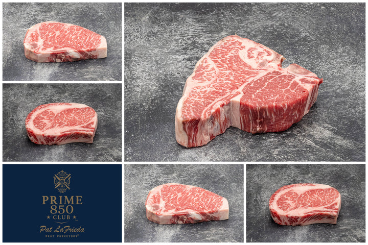 Prime 850 Club dry-aged steak assortment with a center-cut porterhouse, boneless NY strip, bone-in ribeye, and additional premium cuts.