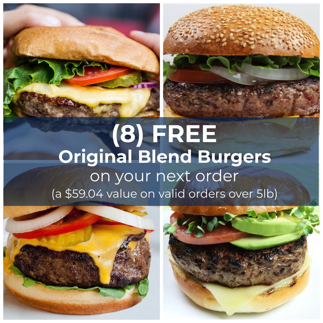 Four delicious Original Blend Burgers featuring fresh toppings in sesame seed and plain buns, promoting a free bundle offer.